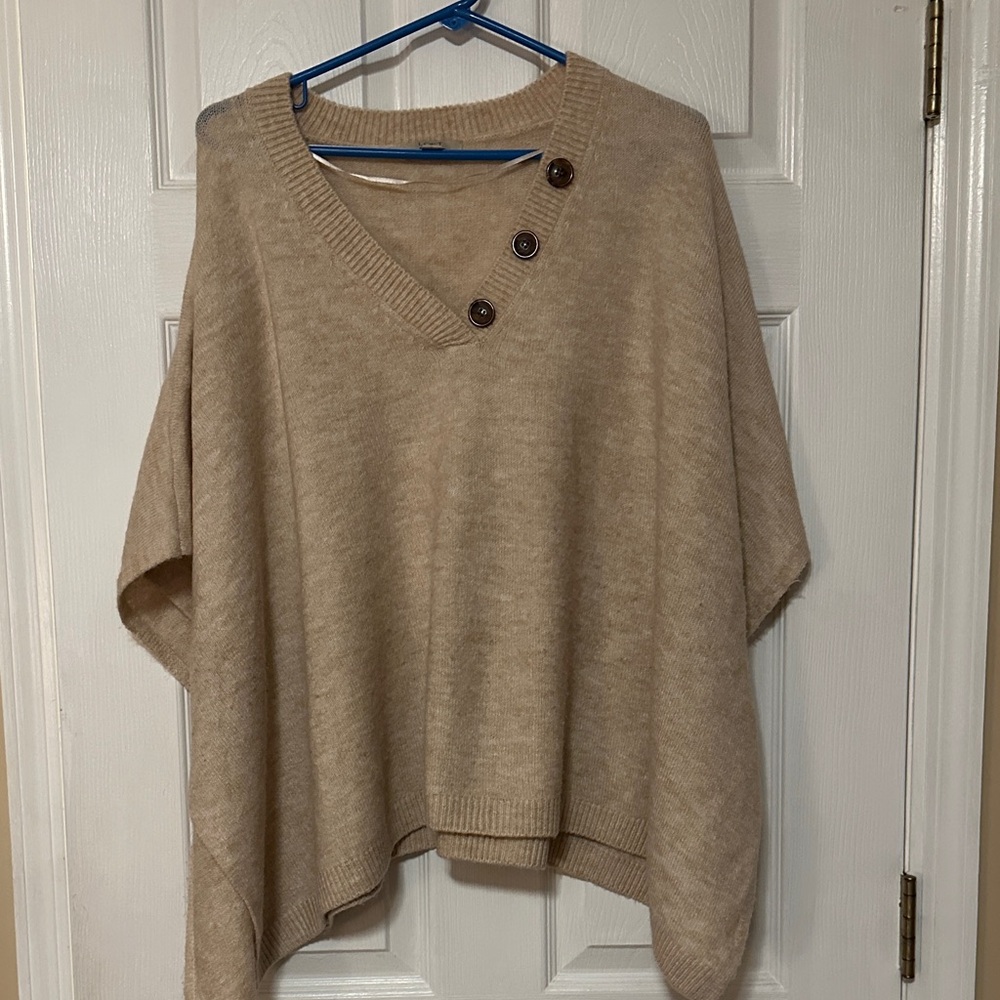LOFT Beige Poncho Sweater with Button Accents